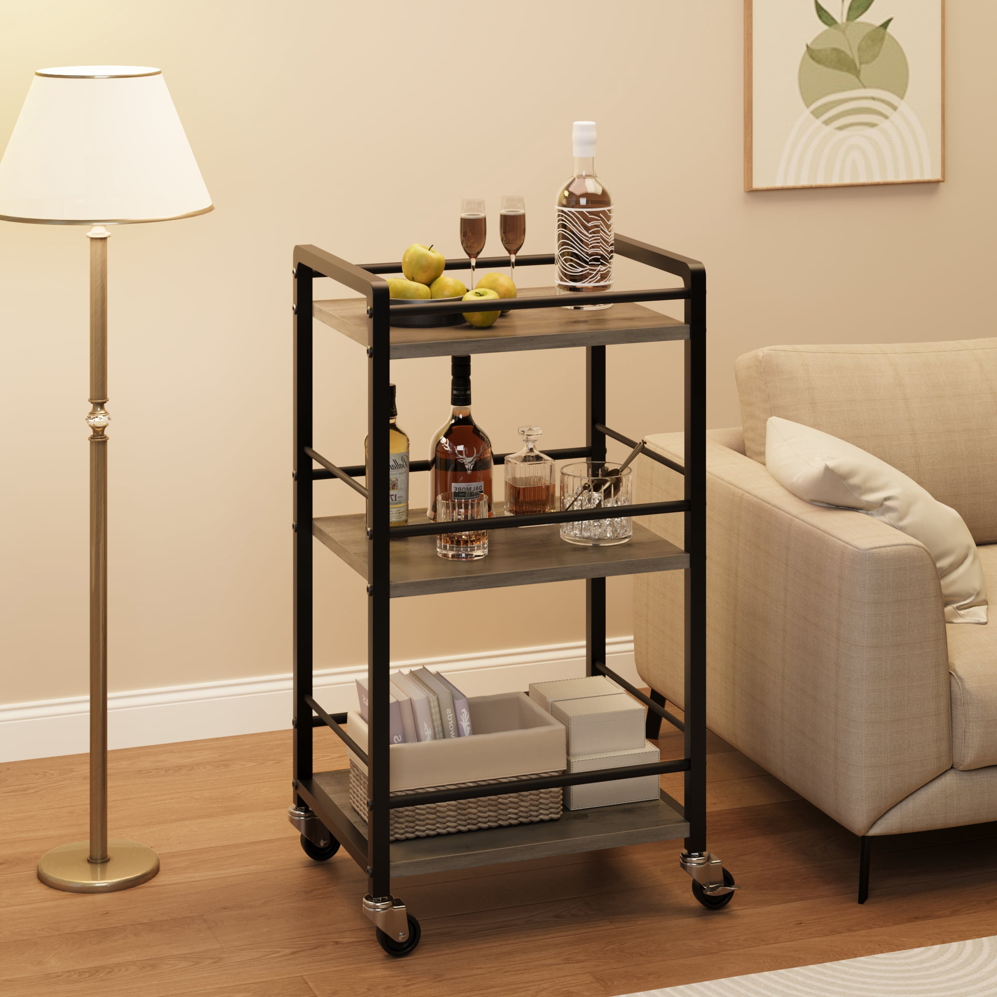 3 Tier Bar Cart for Home Mini Bar Carts for the Home with Wheels Liquor Cart Coffee Bar Cabinet Utility Kitchen Storage Island Serving Cart Grey