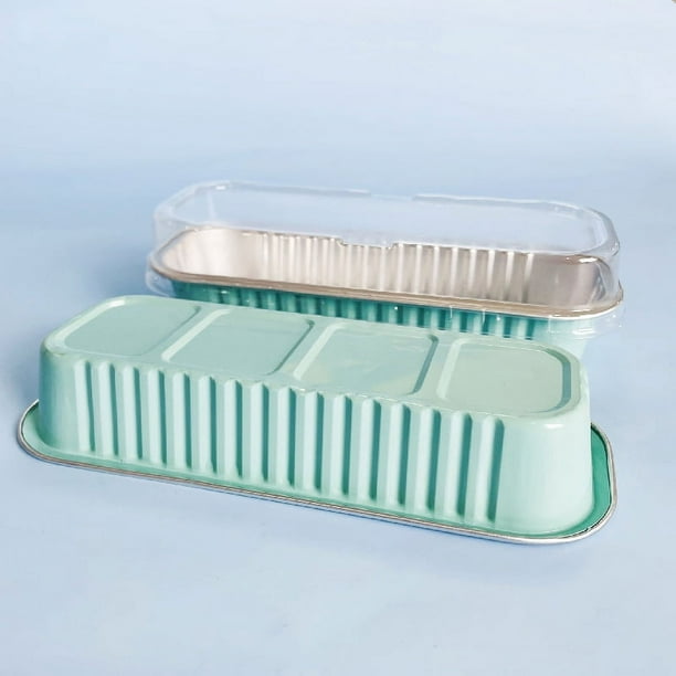 Zhuge Mini molde para pan con tapa de plástico, 100 piezas, 6,8 oz, bandeja rectangular para hornear de papel de aluminio - Azul