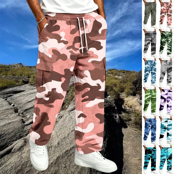 GrmtClth Mens Straight Leg Camo Cargo Pants Soft Stretch Fabric Drawstring Waist Multi Side Pocket Outdoor Casual Joggers Red 5XL