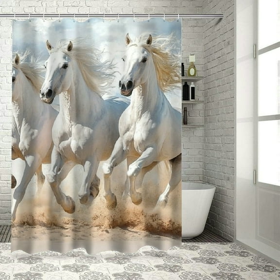 Patifu White Horses Running Bathroom Shower Curtain Set 100% Polyester Fiber Chic Modern Decor with Hooks 36"x72