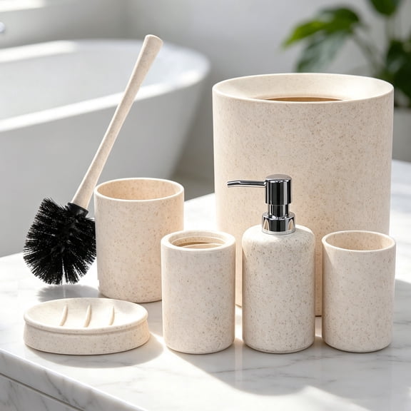 CERBIOR Bathroom Accessories Set 6 Piece Wheat Straw Bath Ensemble Includes Soap Dispenser, Toothbrush Holder, Toothbrush Cup, Soap Dish for Decorative Countertop and Housewarming Gift, Off-White