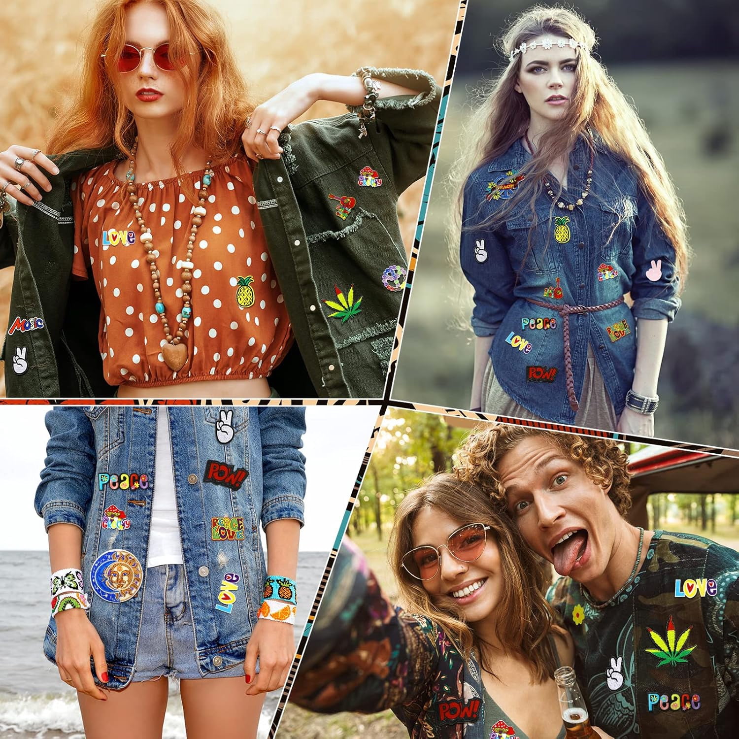 48 Pcs Iron On Patches Hippie Embroidered Patches Random Assorted Styles Kit Aesthetic Repair Appliques for Sewing DIY Jacket Hat Clothing Backpack Jean 1970s Party
