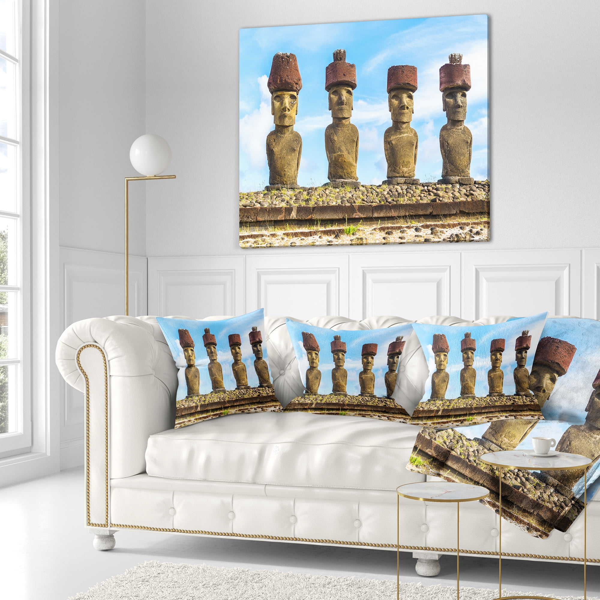 Designart Moai with Red Topknot Hat - Portrait Photo Throw Pillow - 16x16