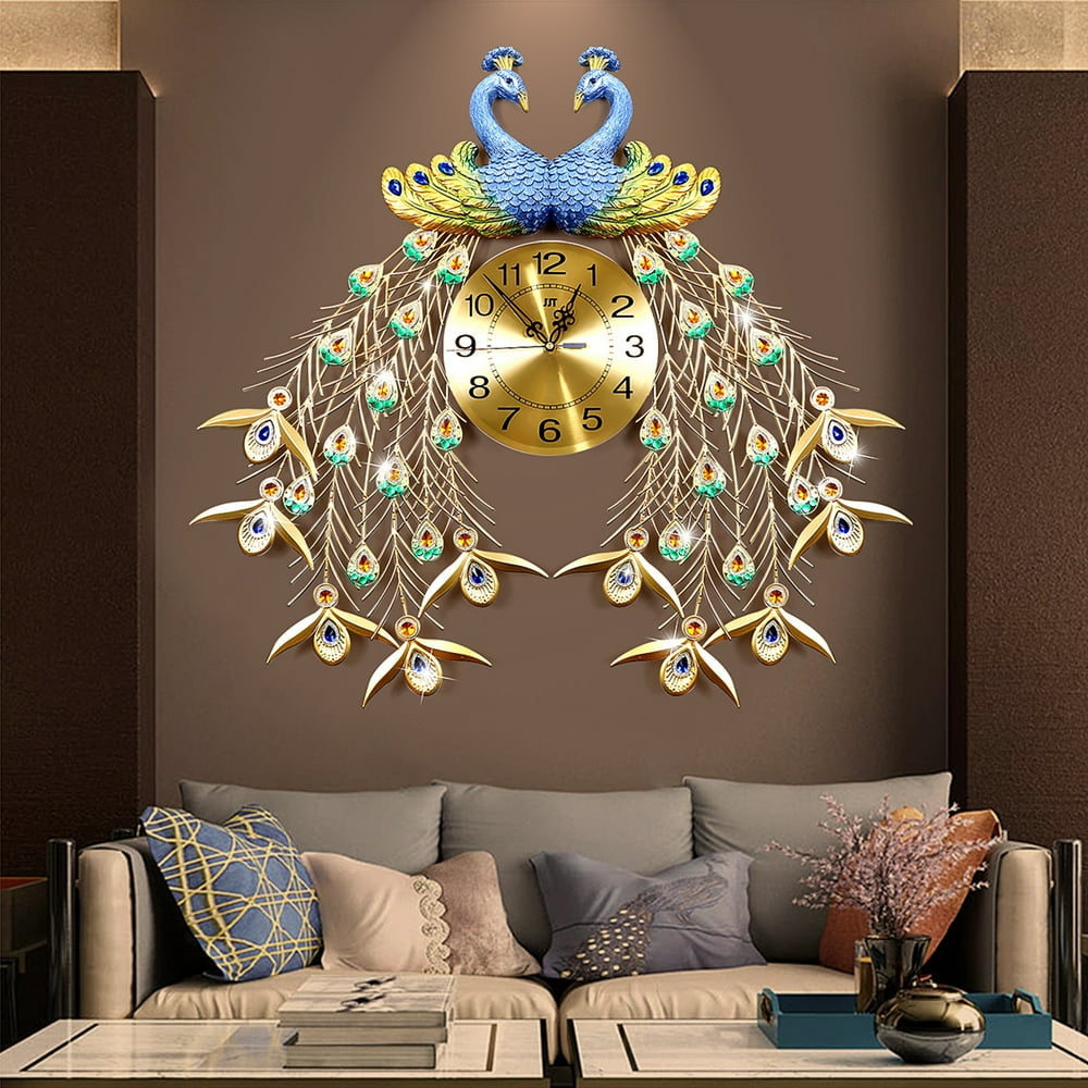 Peacock Wall Clock,26inch Large 3D Double Peacock Clock Crystal Luxury