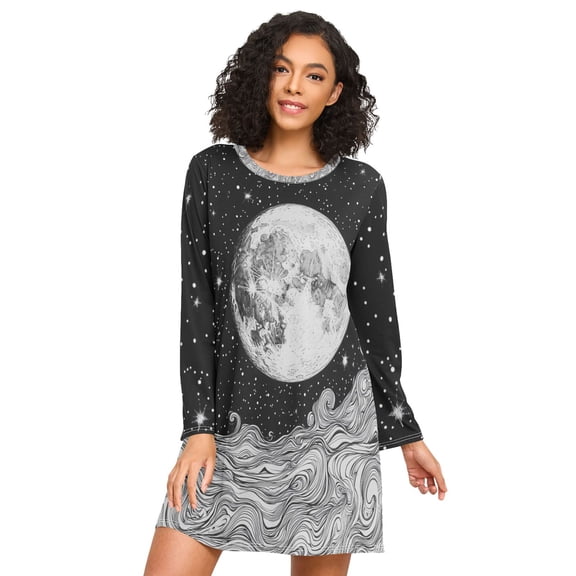 FORMRS Womens Long Sleeve Nightgowns Crew Neck Sleep Shirt Soft Pajamas Sizes S-3XL, Black Moon