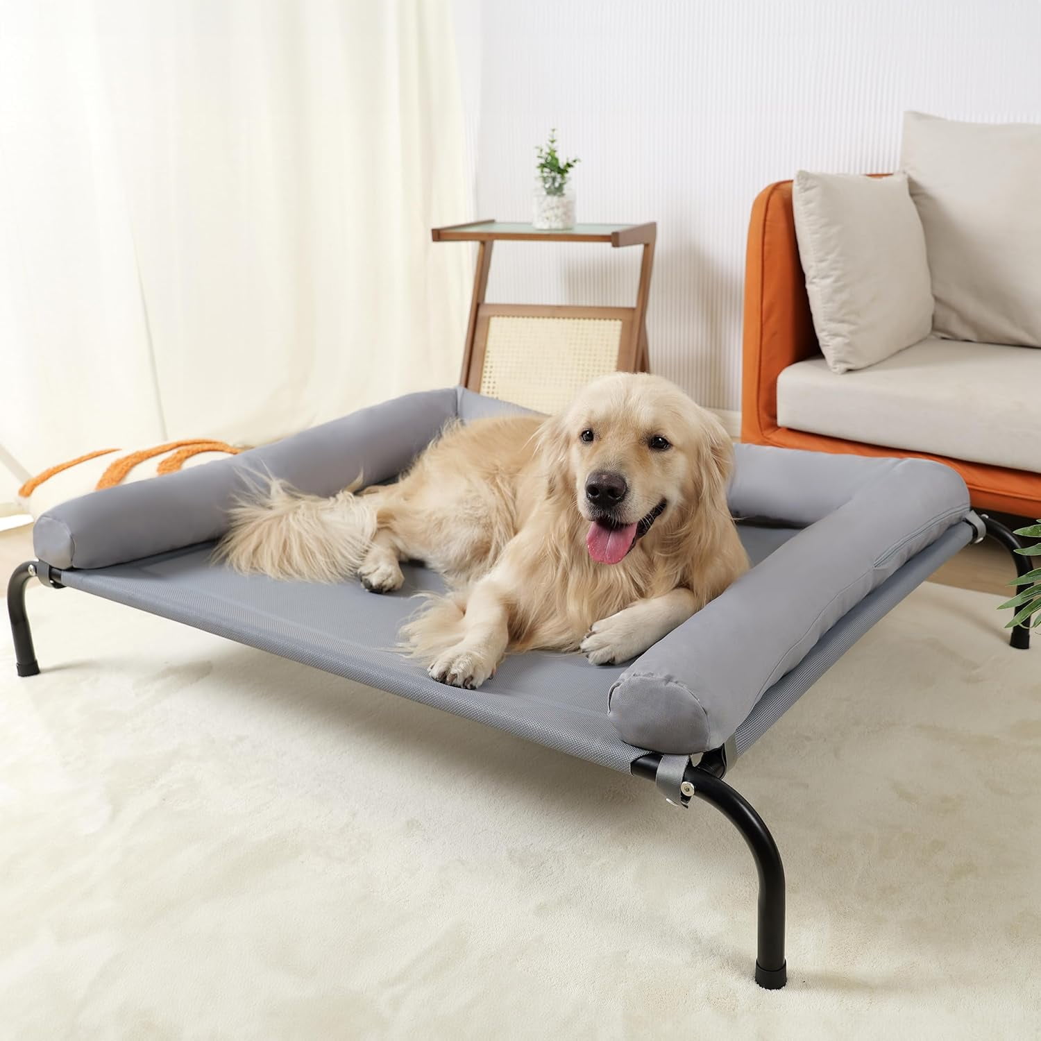 Cooling Elevated Dog Bed with Pillows,Portable Washable Raised Dog Cot with Chew Proof Mesh and Metal Frame,No-Slip Rubber Feet for Indoor & Outdoor Use,XLarge,Gray