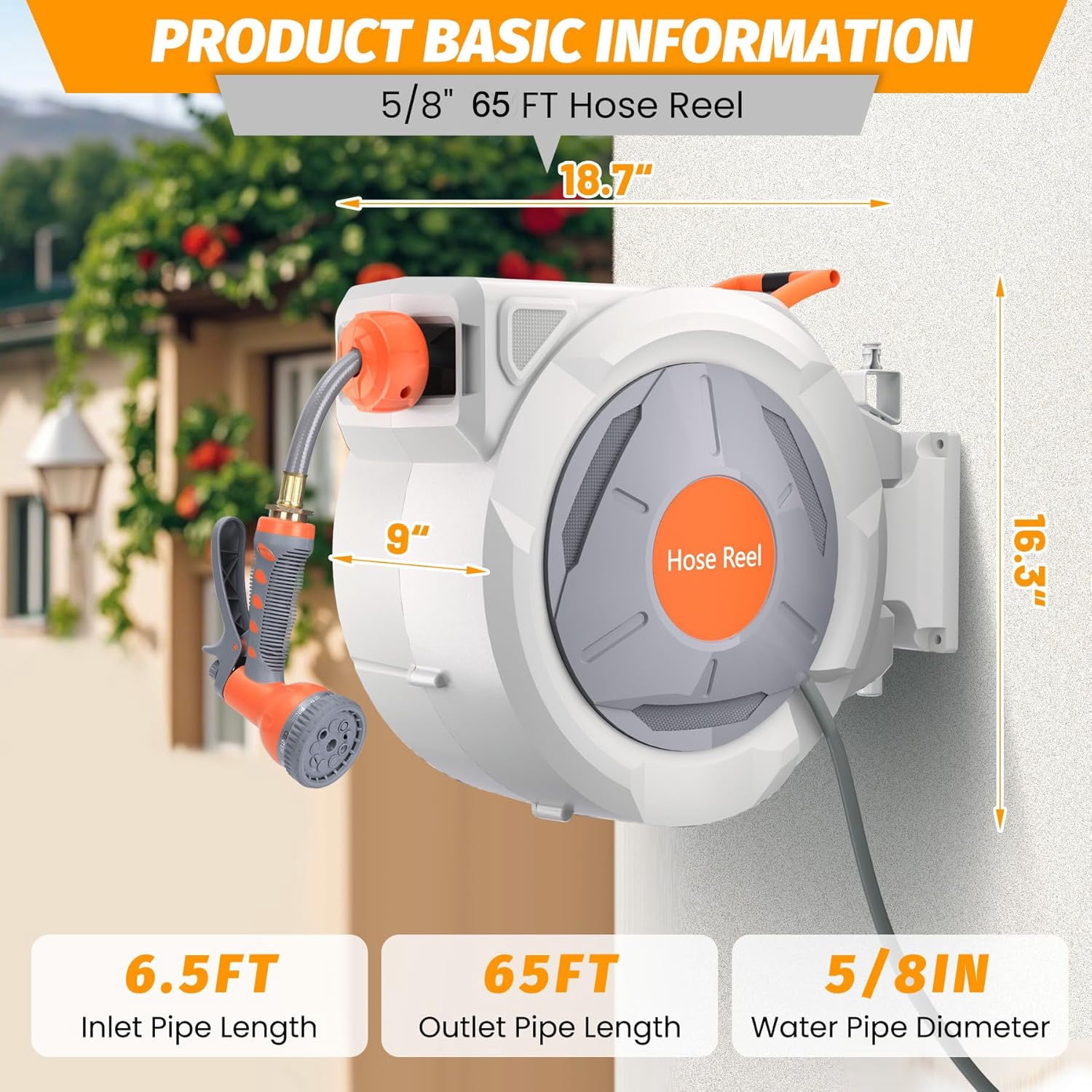 Mescukay Retractable Garden Hose Reel, 5/8 in x 65 FT with 9 Function Sprayer Nozzle, Any Length Lock, Automatic Rewind and Slow Return System, Wall Mounted and 180 Deg Swivel Bracket