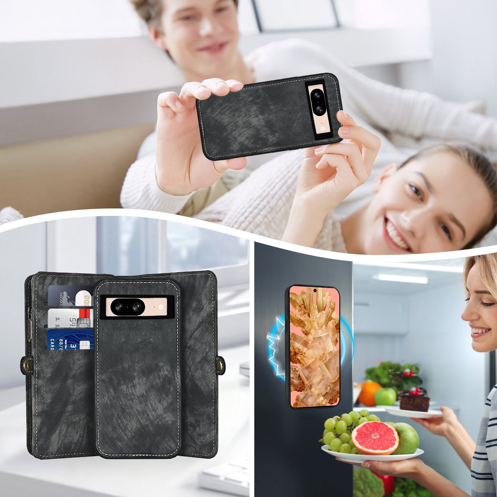 Asuwish Compatible with Google Pixel 8 5G Phone Case Zipper Wallet Detachable Tempered Glass Screen Protector Crossbody Lanyard Strap Flip Card Holder Cell Cover for Pixel8 Eight Women Girls Black