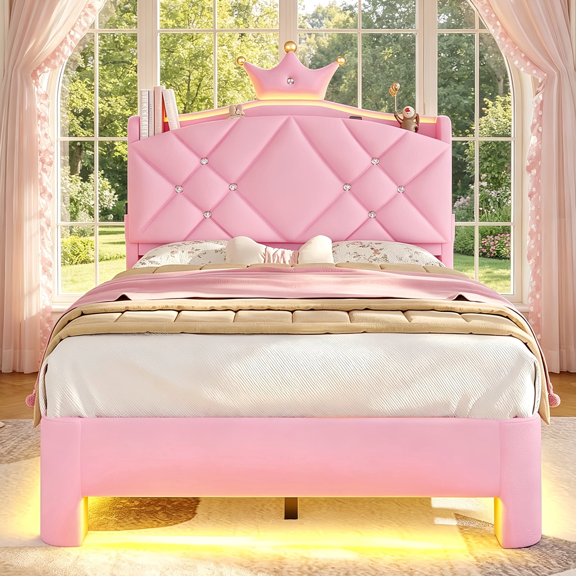 Torveric Twin Size Bed Frame with Headboard, Upholster Platform Bed Frames with LED Lights, Princess Crown Furniture Pink Bedroom Furniture