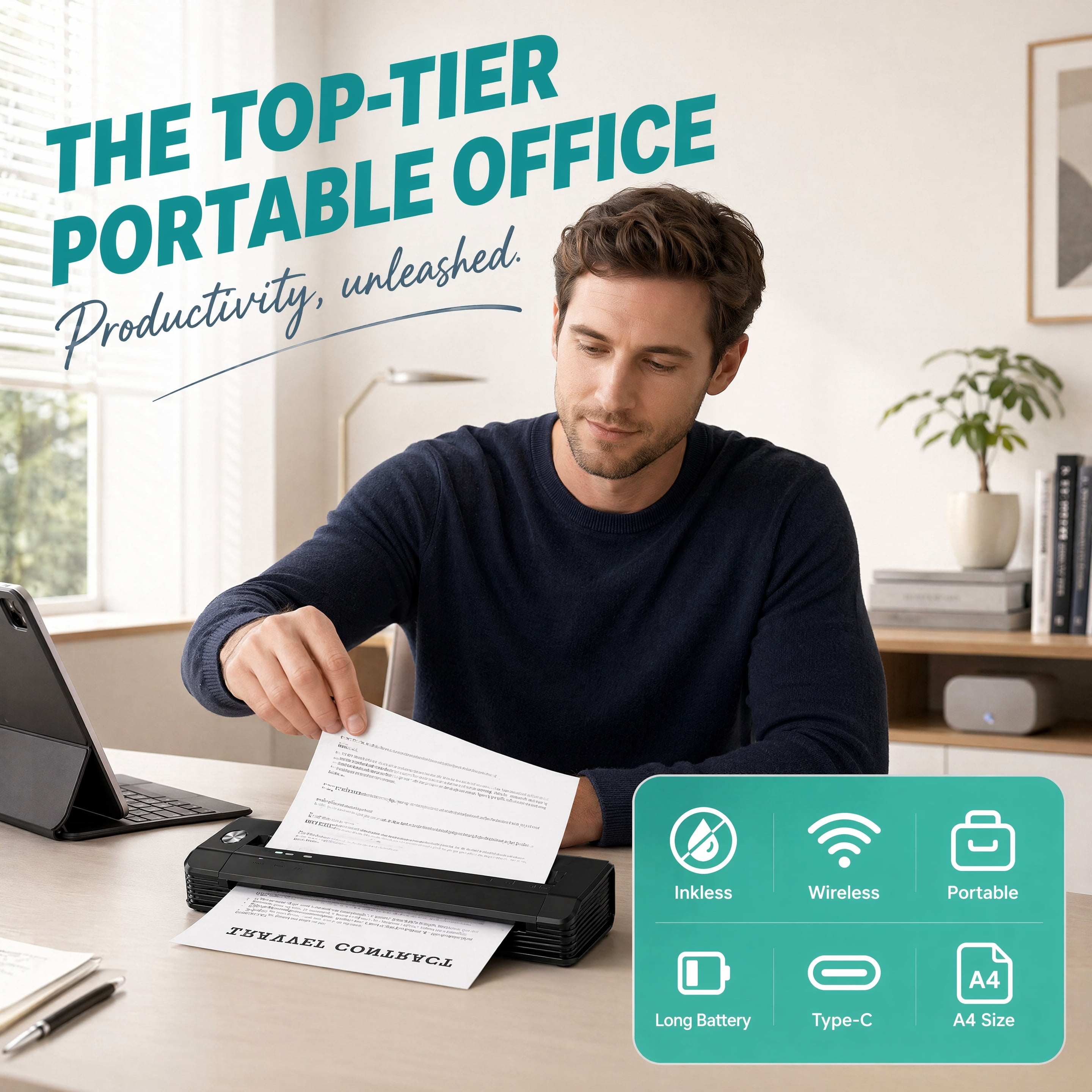 Phomemo Upgraded A281U Wireless Portable Printer , Inkless Technology, Bluetooth Thermal Printer 8.5" x 11"& A4 Size,Inkless Mobile Printer with Carry Case for Travel,Office,School,Car,Home,Black