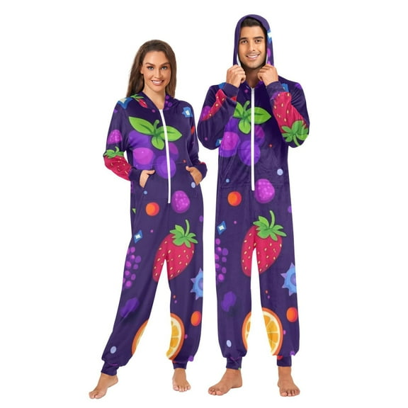 Purple Background Fruit Adult onesie Pajamas, Crystal Velvet Ultra Soft Warm Jumpsuit for Men and Women