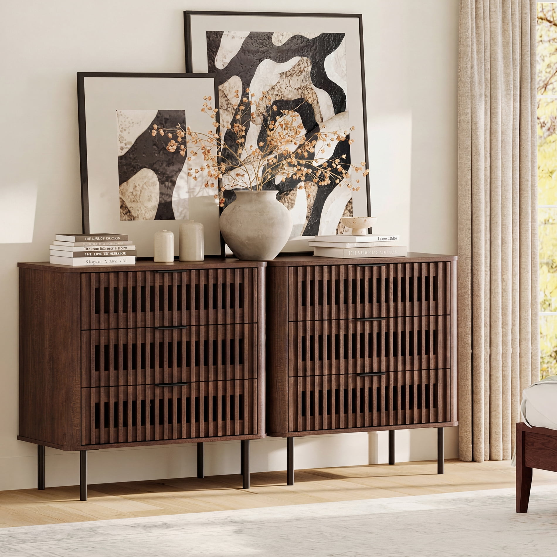 63"W Sideboard Buffet Cabinet with Storage, Fluted Kitchen Buffet Storage Cabinet with 6 Drawer, Large Coffee Bar Cabinet, Modern Buffet Table for Dining Living Room, Walnut