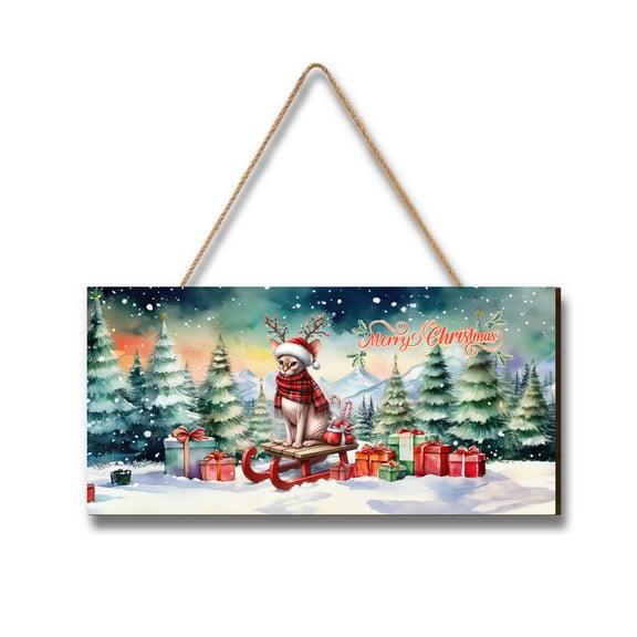 Merry Christmas Santa Reindeer Antlers Sphynx Sleigh Xmas Winter Holiday Landscape Wood Sign Cat Lover Kitten Owner Gifts Idea Hanging Wall Home Decor - 00023