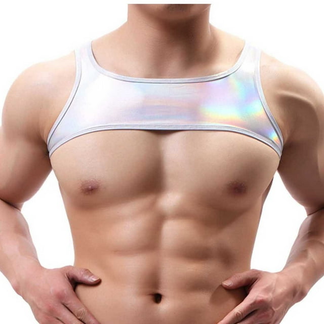 pstuiky Camiseta sin mangas para hombre, Camiseta de tirantes ajustada de cuello redondo de piel sintética de seda helada con estampado en caliente de color liso para hombre Camisas para hombres m