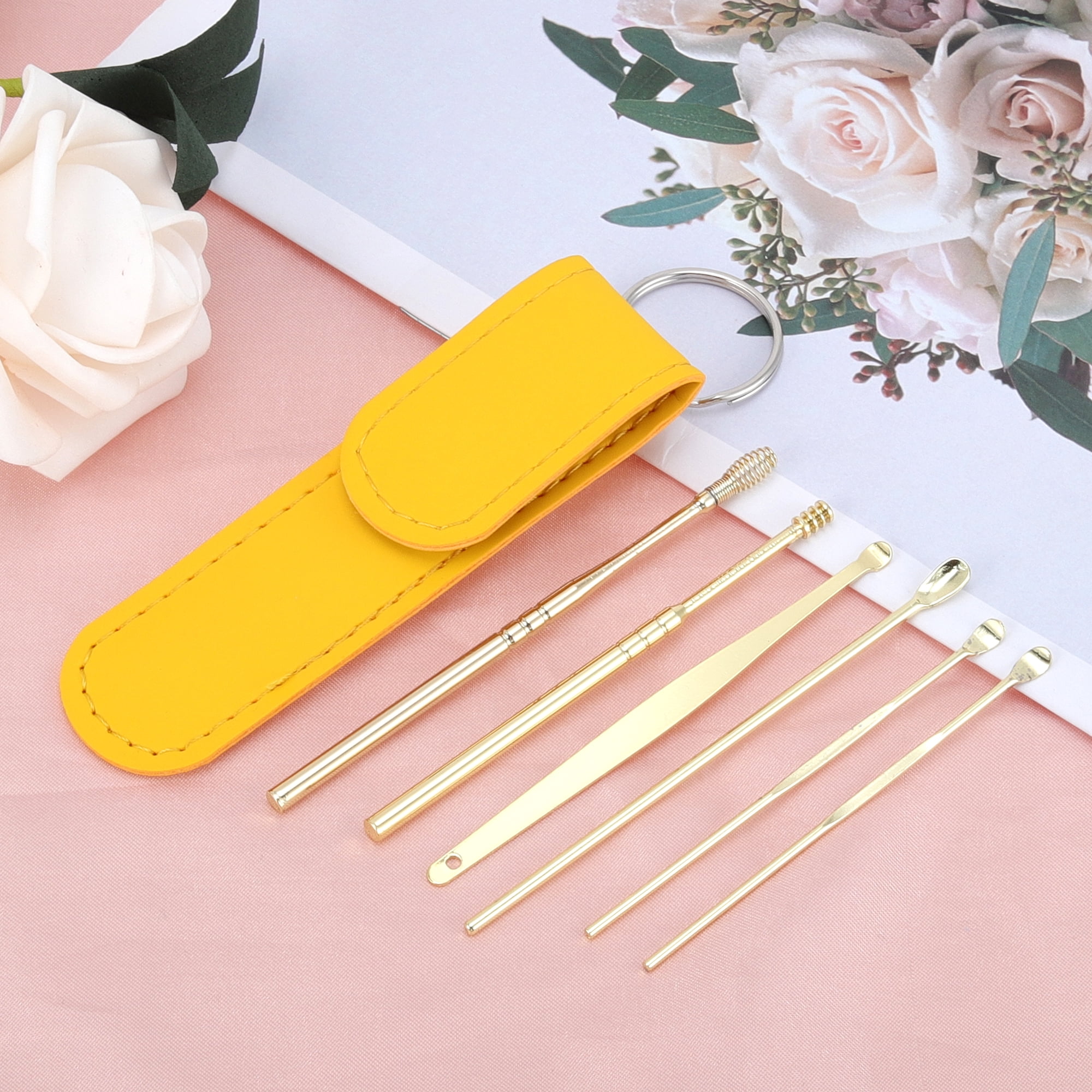 Unique Bargains Portable Earwax Cleaning Tool Kit 6Pcs Gold Tone