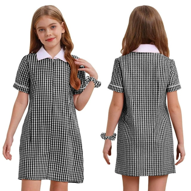 HULIJA Robe Chemise à Carreaux Plissée pour Petites Filles avec Bandeau Élastique Col Rabattu Robe à Volants Noire 16