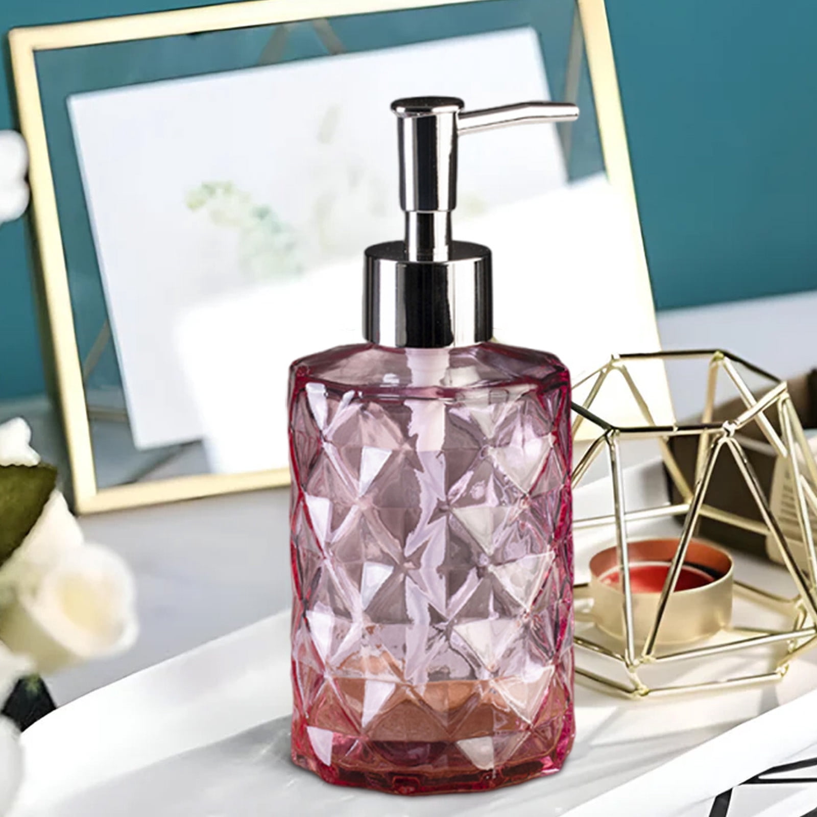 YiJuHui 4pcs Refillable Glass Soap Dispenser Pump Bottle with Diamond Pattern Design for Kitchen and Bathroom Decor