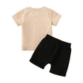 thumbnail image 4 of Xudanell Toddler Baby Boy Summer Clothes Cute Letter Print Short Sleeve T Shirt Tops and Stretch Shorts Playwear Outfits (Beige, 12-18 Months), 4 of 8
