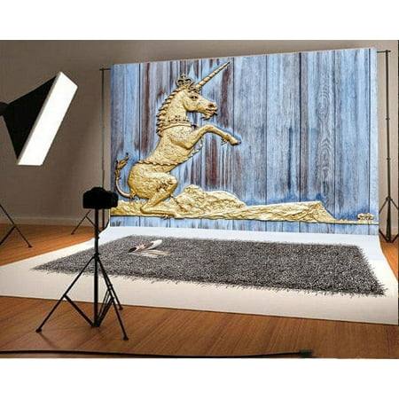 Image of GreenDecor 7x5ft Photography Backdrop Gold Metal Unicorn Figures on Gray Wooden Wall Scene Photo Background Children Baby Adults Portraits Backdrop