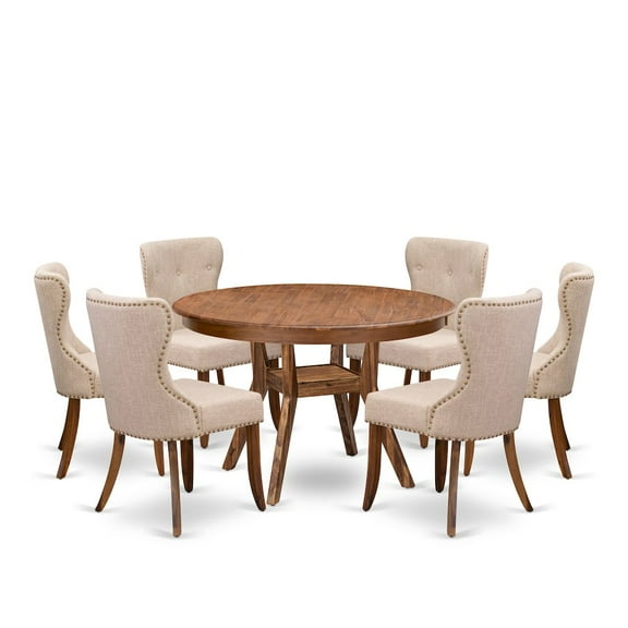 Luxe by East West Furniture 7-Pc Modern Dining Set A Pedestal Kitchen Table, 6 Light Tan Linen Fabric Chairs