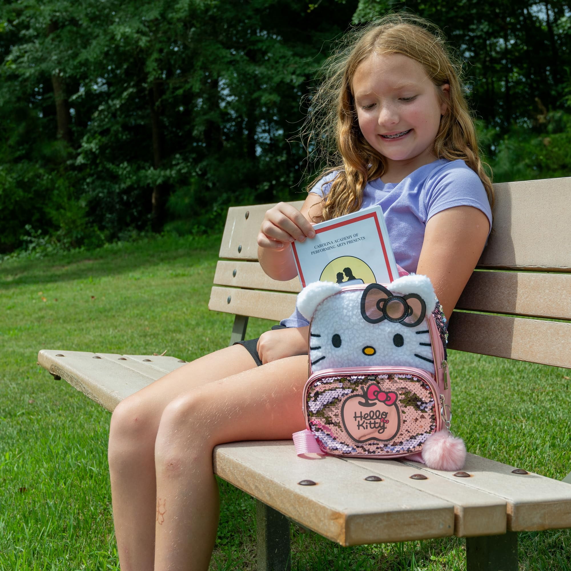 Hello Kitty 9” Micro Mini Backpack Purse Featuring 3D Ears & Bow, Sherpa & Sequin Material, & Pompom Dangle, Pink