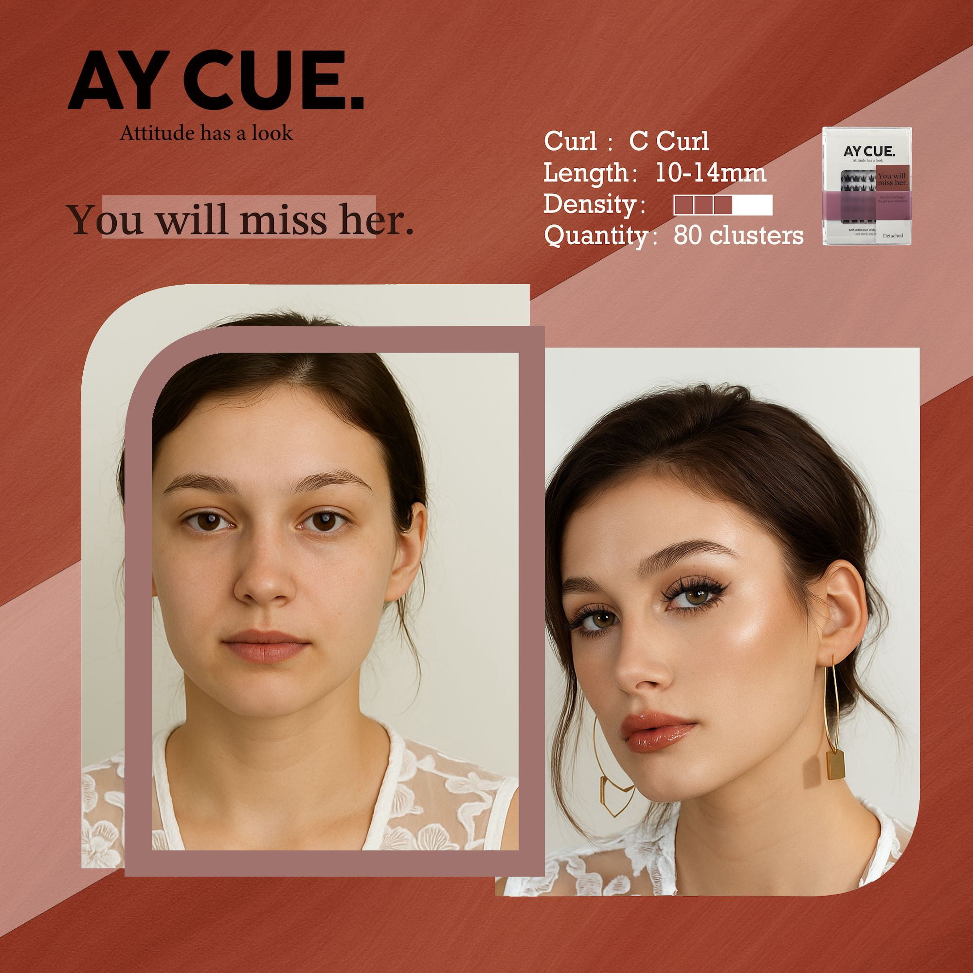 AYCUE #YOU WILL MISS HER# Self-adhesive Lash Clusters C Curl 10-14mm 80Clusters Glue-free Eyelashes Extensions for Natural Look Easy Application