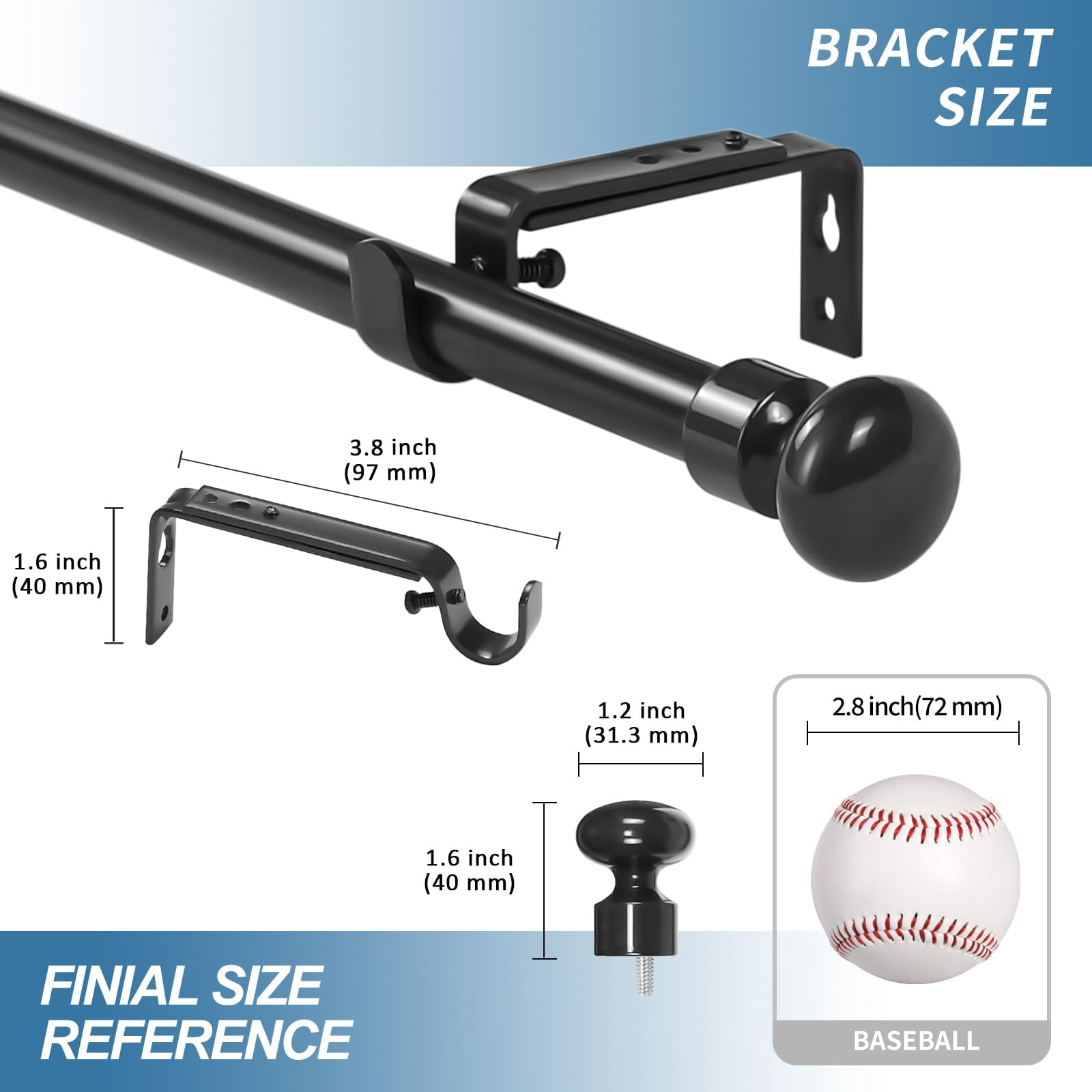 Urbanest Oval Designer Single Curtain Rod – Decorative Metal Finials, 5/8" Diamter Drapery Hardware Set Window Treatments, 28" to 48", Matte Black