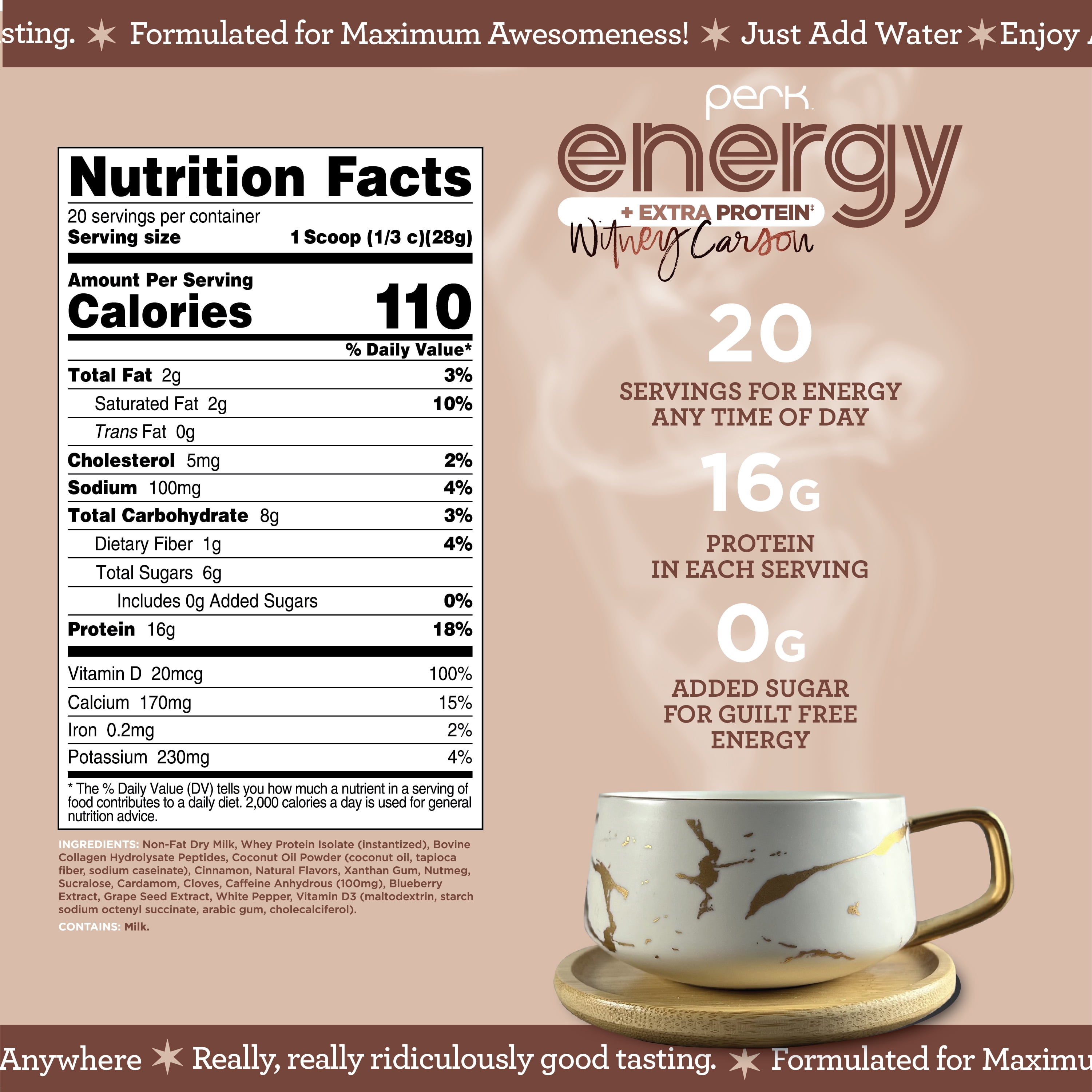Perk Energy + Extra Protein Powder (1.3 LB) Chai Latte - Witney Carson Collaboration - 100mg of Caffeine, 16g of Protein with Collagen, 20 Servings