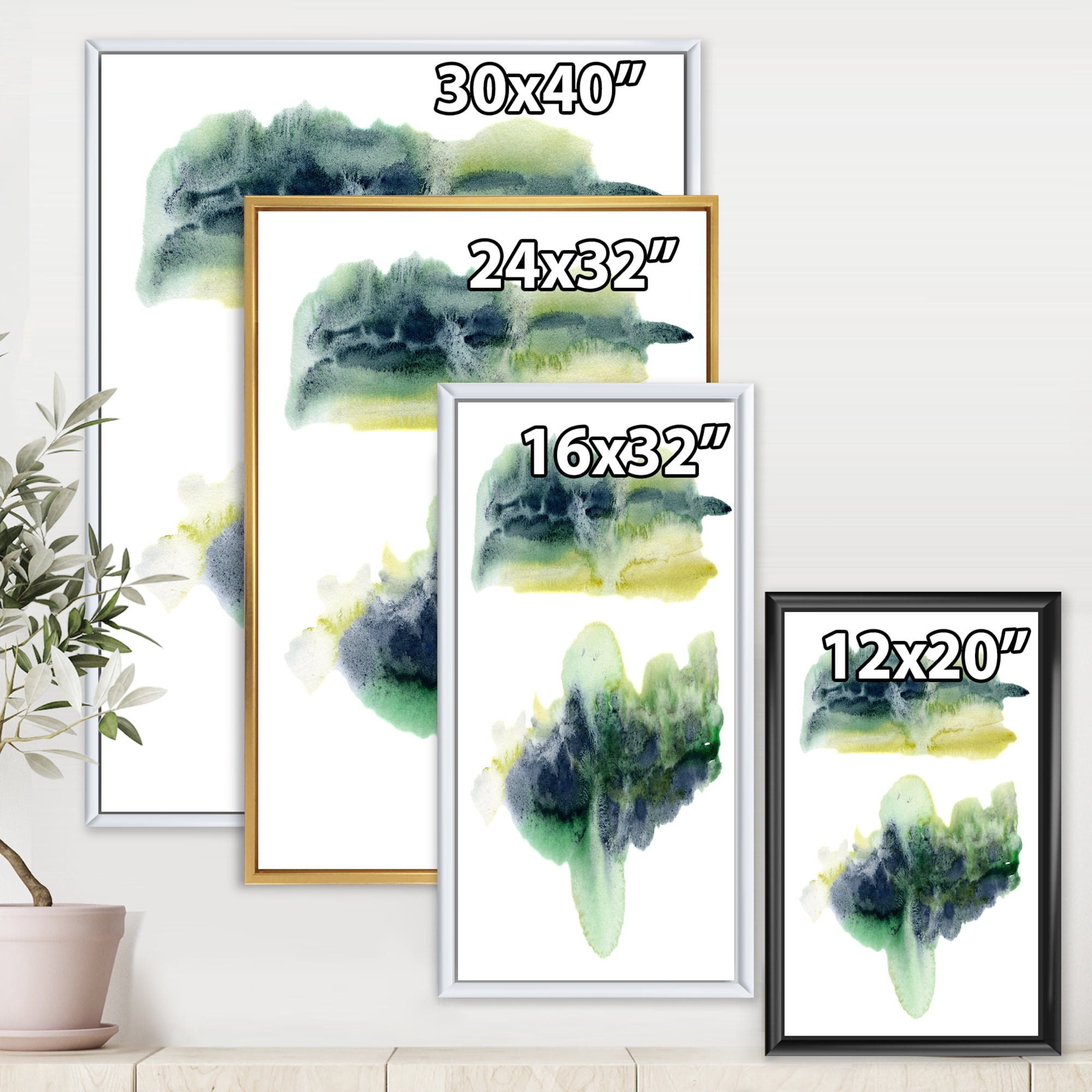 Designart 'Golden Green Abstract Clouds IV' Modern Framed Canvas Wall Art Print