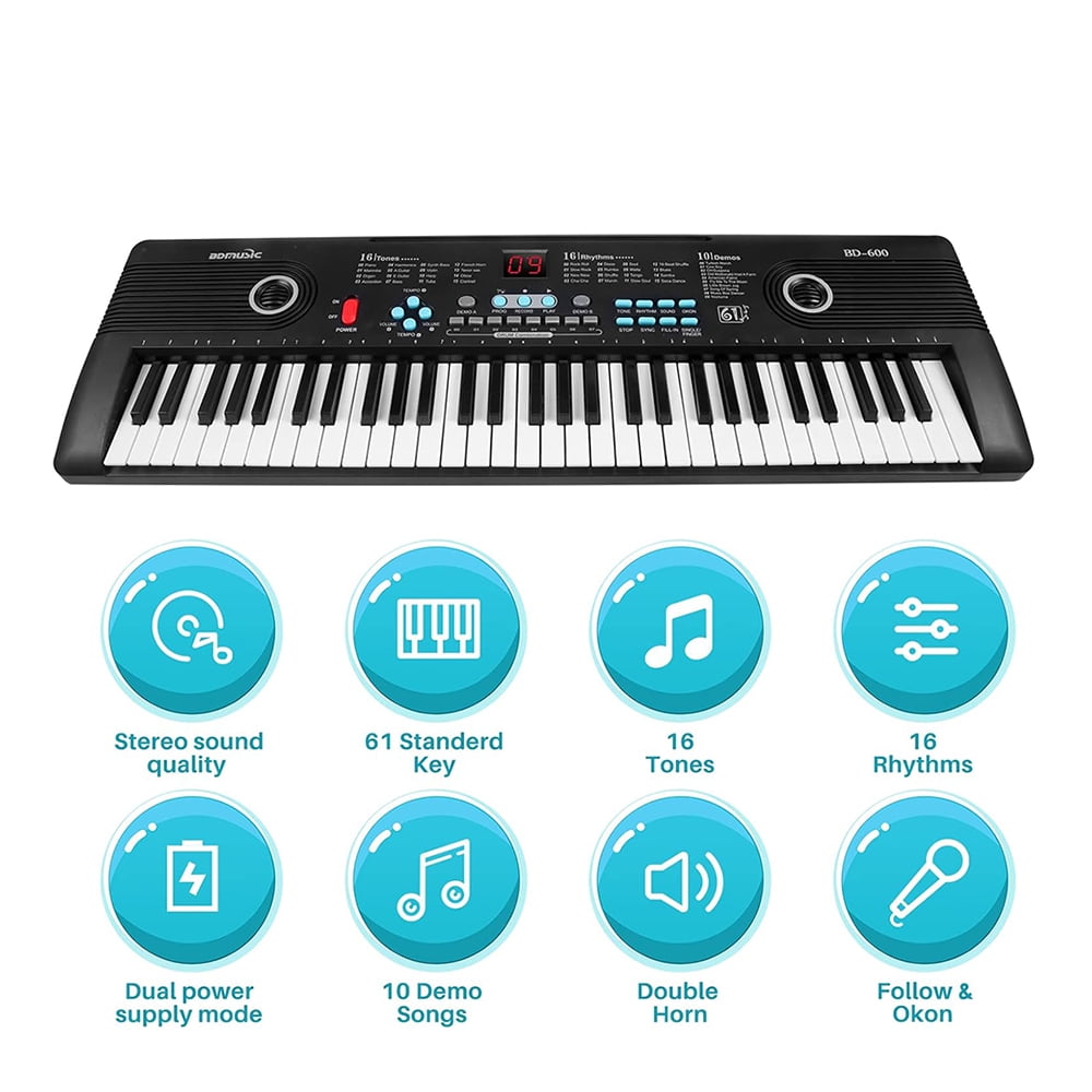 TIANLAIMEI 61 Keys Electric Digital Piano 100 Tones Eectric Keyboard Built-in Microphone with Stand for Beginners Kids Musical Instruments Gifts, Black