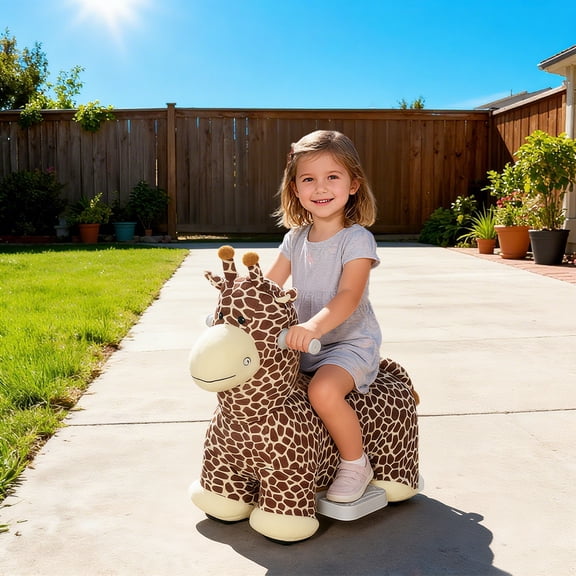 Qaba Kids Electric Ride On Giraffe, 6V Battery Powered Ride On Toy with Washable Plush Cover, Silent Wheels, Music, for Toddlers 1.5-5 Years, Brown