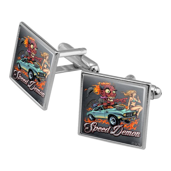 Speed Demon Flaming Hot Rod Square Cufflink Set - Silver or Gold