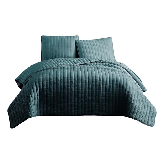 Benjara 3 PC Crinkle Queen Coverlet Set with Vertical Stitching- Turquoise Blue