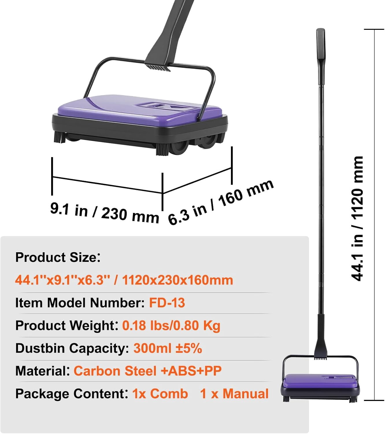 Carpet Sweeper Manual, Floor Sweeper with 300 ml Dustbin Capacity Easy to Empty, 6.7 inch Cleaning Width for Home Office Carpets Pet Hair Dust, Purple