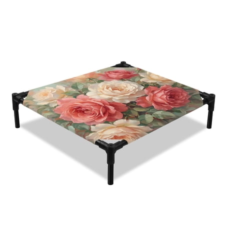 Pink Flower Elevated Dog Bed Orange Rose Green Leaf Classic Romantic Style Cooling Breathable Outdoor Raised Dog Cot Bed with Metal Frame Non-Slip Feet for Small Dog 20x20in