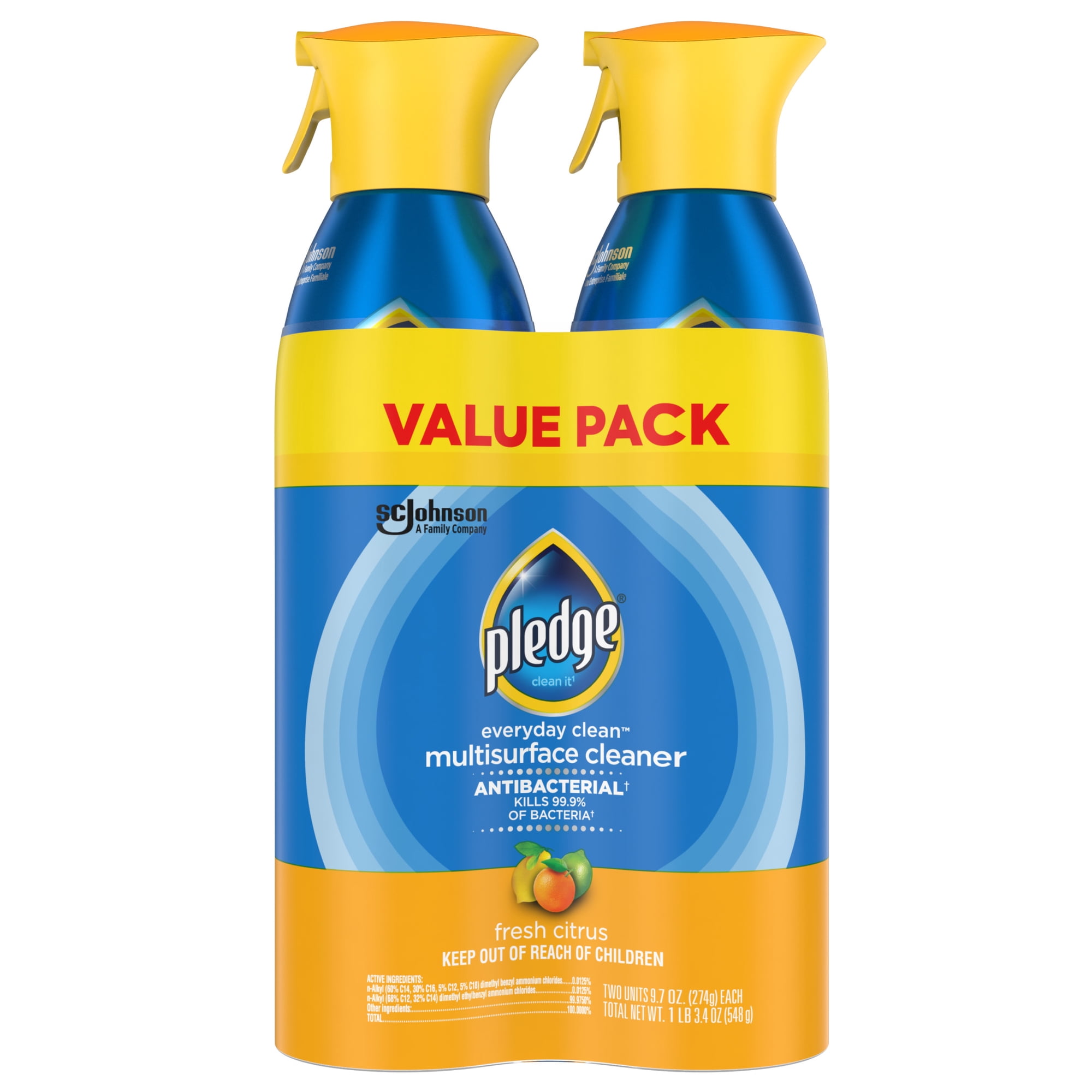 Pledge Antibacterial Multi Surface Cleaner Spray, Fresh Citrus - Household Antibacterial Spray (2 Pack Aerosol), 9.7 oz