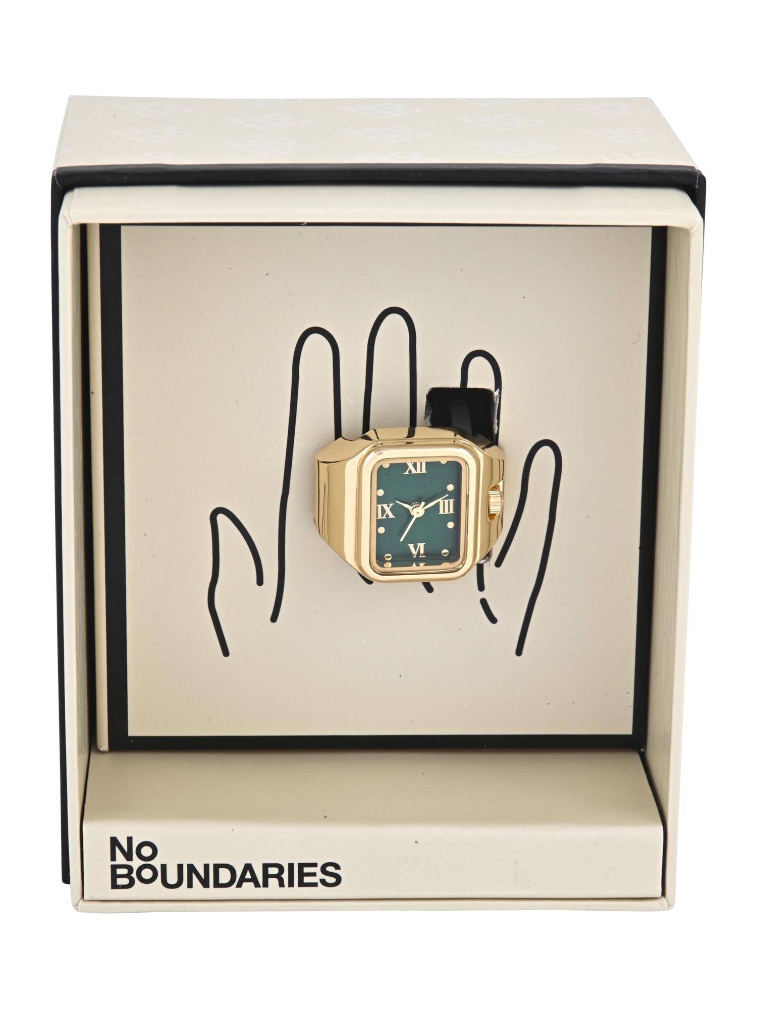 No Boundaries Adult Female Goldtone Square Case Ring Watch with Green Dial.