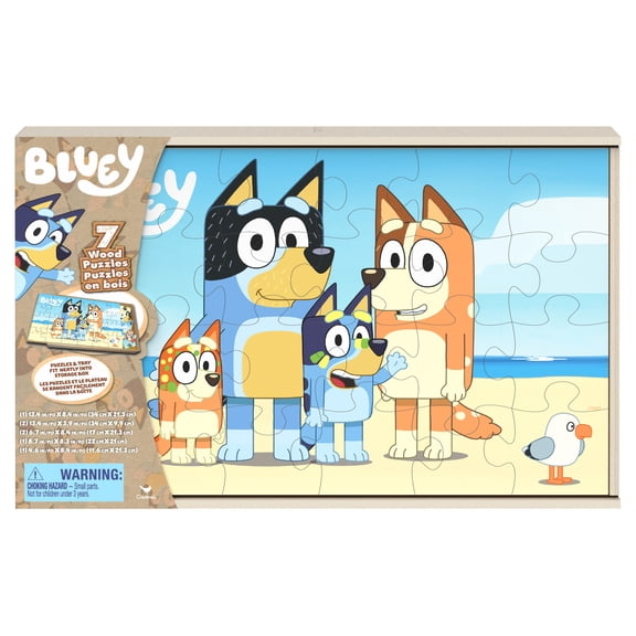 Bluey, 7 Wood Puzzles Jigsaw Bundle with Tray, for Kids Ages 4