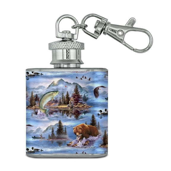 Mountain Fly Fishing Bear Stream Lake Fish Stainless Steel 1oz Mini Flask Key Chain
