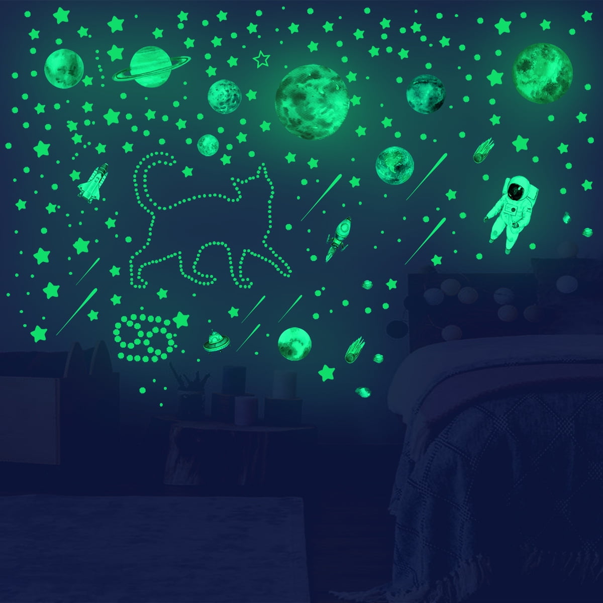 Seenda 849PCS Glow in The Dark Stars Outer Space Spaceship Wall Stickers for Kids, Planet Wall Decals, Glowing Stars Solar System Ceiling Decals Stickers Decor for Boys Room Decoration