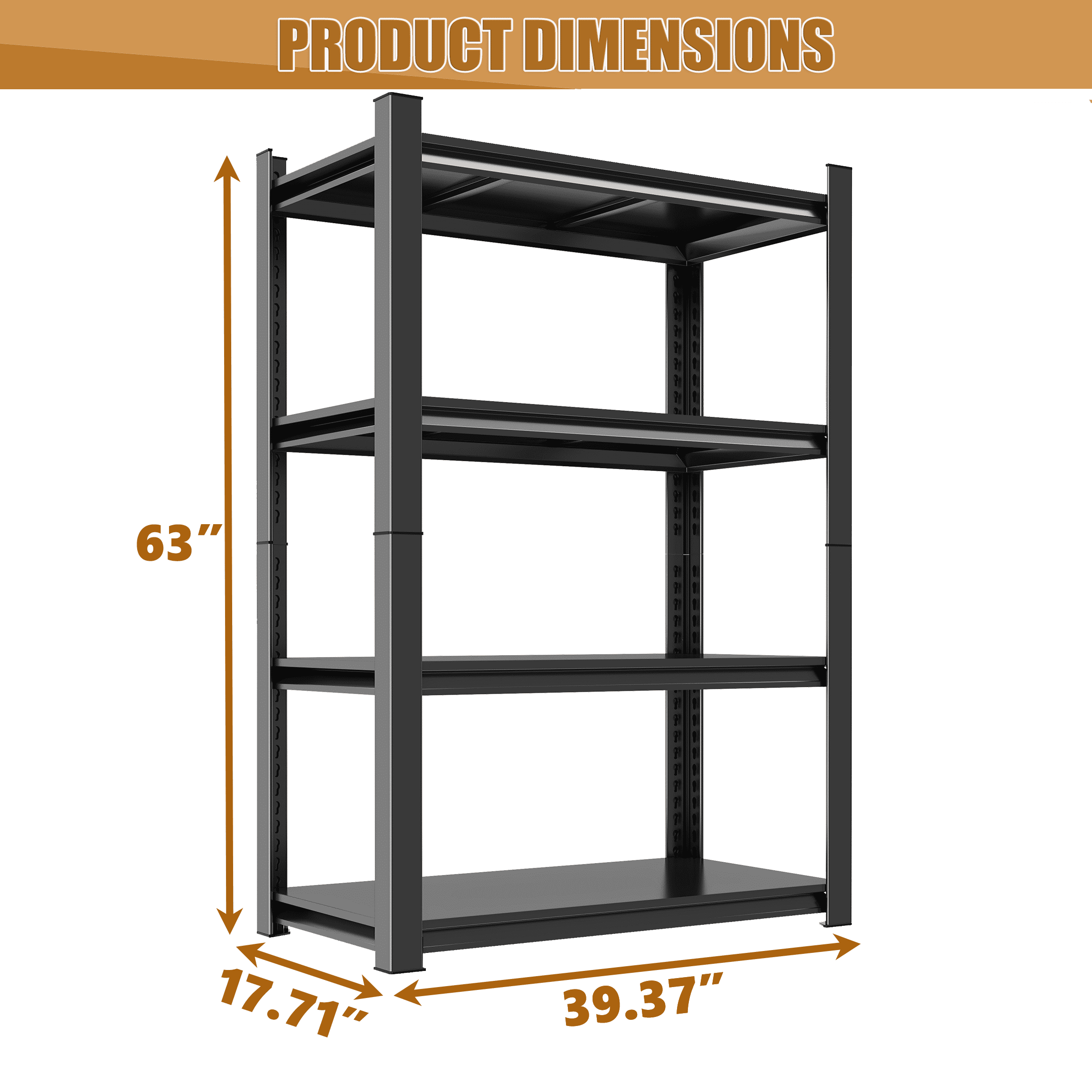 63" Tall Metal Storage Shelf, 1200 LBS Weight Capacity, 4-Tier Adjustable Height Storage Rack, Black