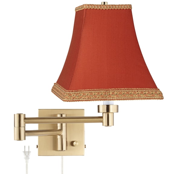 Barnes and Ivy Alta Vintage Swing Arm Wall Lamp Warm Antique Brass Plug-in Light Fixture Rust Orange Square Shade for Bedroom Bedside Living Room Home