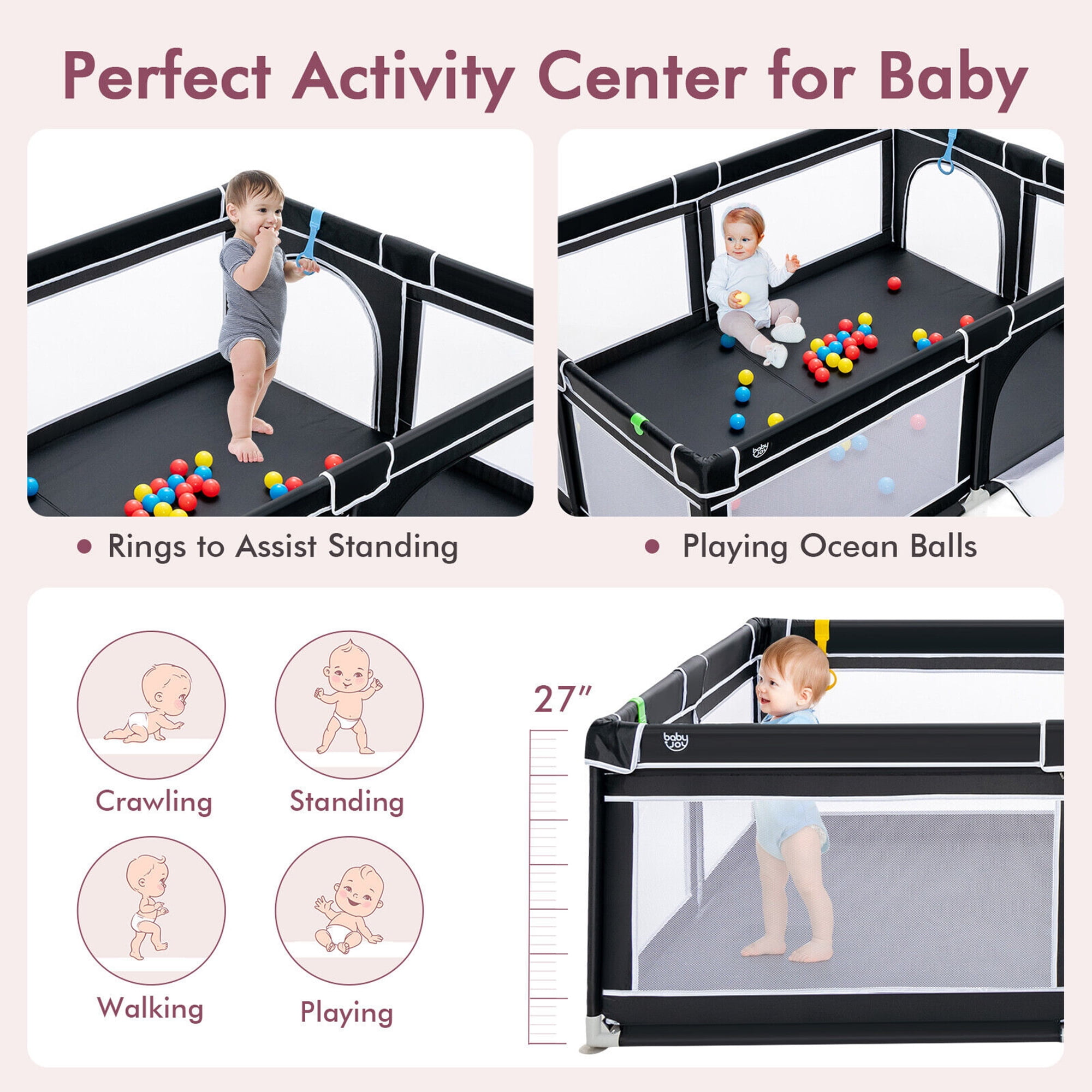 Gymax Baby Playpen Extra-Large Safety Baby Fence w/ Ocean Balls & Rings Black