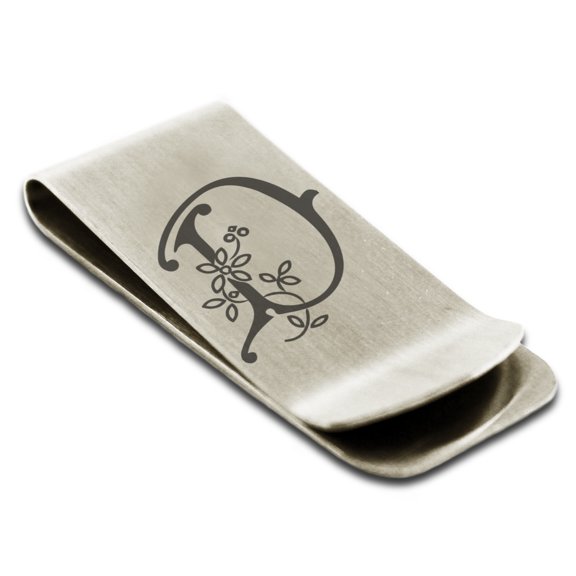 Tioneer Stainless Steel Letter D Initial Floral Monogram Engraved Engraved Money Clip Credit Card Holder