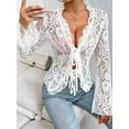 thumbnail image 6 of Lace Tops for Women Long Sleeve See Through Sheer Mesh Crop Top Shirt Open Front Tie Blouse Ruffle Cream White S, 6 of 8