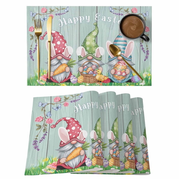 Placemats Set of 6, Easter Bunny Gnomes Woven Placemat, Linen Place Mats for Kitchen/Dining Tables, Spring Easter Eggs Floral Teal Wood Washable Table Mats for Party