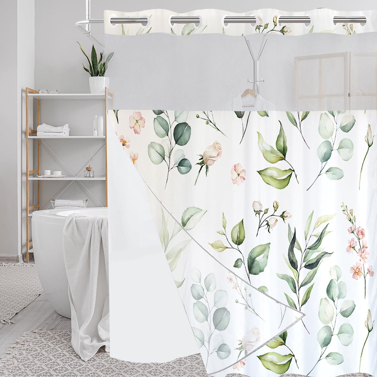 Dznils White No Hook Fabric Shower Curtain with Snap-in Liner, 72" x 74", Green Floral Patterned