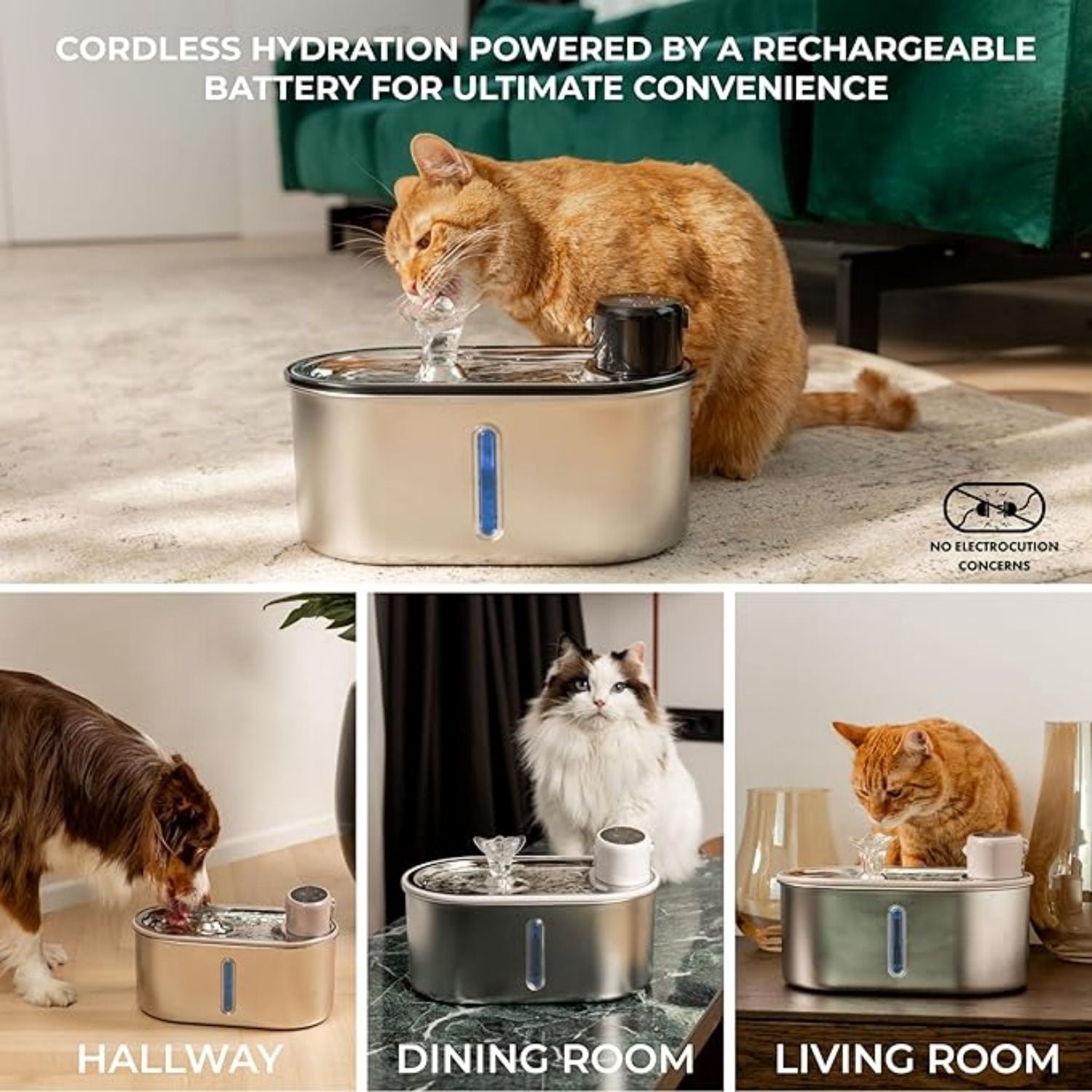 Cat Water Fountain Stainless Steel, 5200mAh Battery, Ultra Quiet, Automatic Water Dispenser for Cats, 108oz/3.2L, Two Flow Modes, Multi-Filtration, Includes 2 Filters - Black