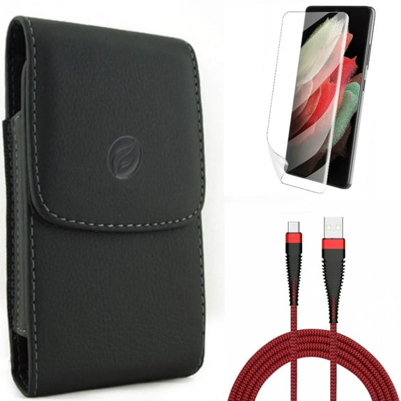 Case Belt Clip w Matte Screen Protector w 10ft USB Cable for Samsung Galaxy S21 Plus - Leather Holster, TPU Film Anti-Glare, Type-C Charger Cord Accessory Bundle