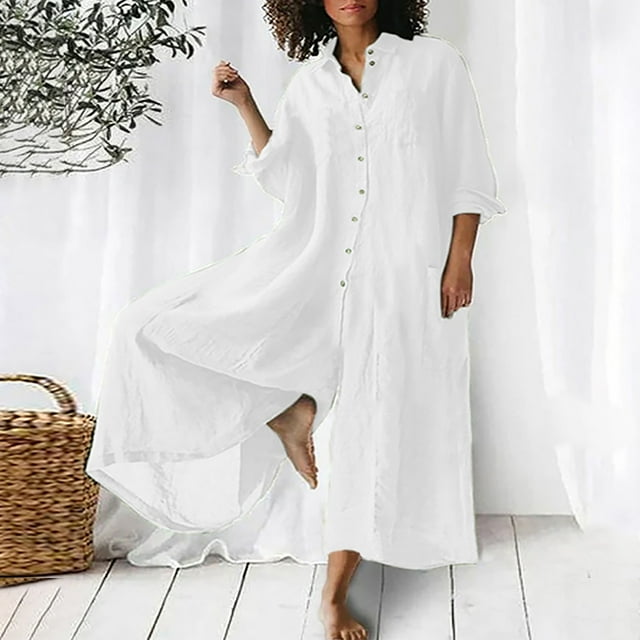 LOVZFMLL Combinaison pour Femmes, Combinaison Décontractée Unie à Col Rabattu en Coton et Lin, Combinaison Longue avec Fermeture Éclair Blanche, 4TG
